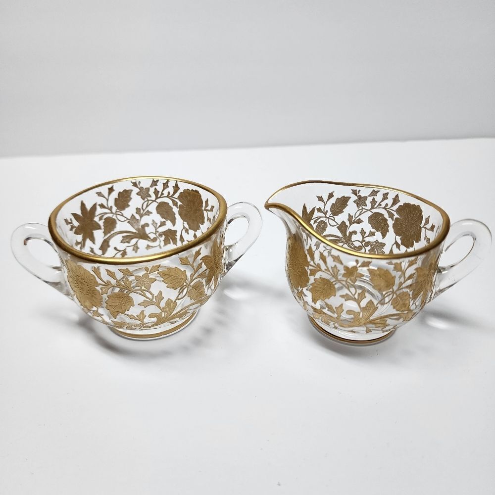 Vintage Cambridge Creamer and Sugar Bowl Set with Gold Etched Wildflower Designs